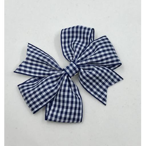 Navy and White Gingham Checked 3 inch Pinwheel Bow on Clip