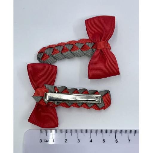 Red and Grey Pleated Clips with Bow on Clips (pair)