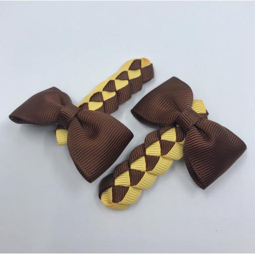 Brown and Yellow Gold Pleated Clips with Bow on Clips (pair)