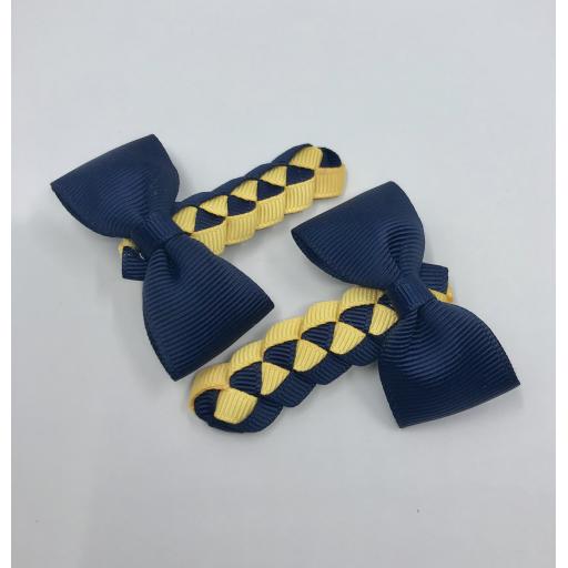 Navy Blue and Yellow Gold Pleated Clips with Bow on Clips (pair)