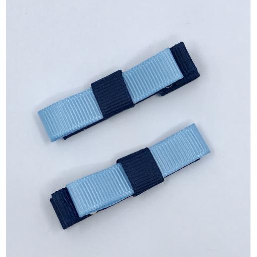 Small Straight Navy Blue and Light Blue Bow on Clips (pair)