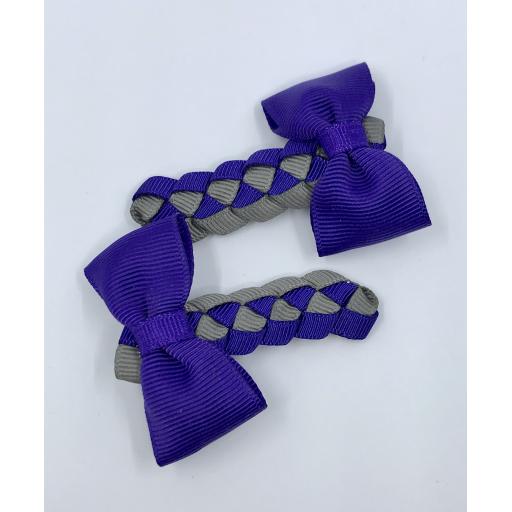 Purple and Grey Pleated Clips with Bow on Clips (pair)