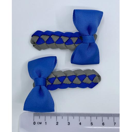 Royal Blue and Grey Pleated Clips with Bow on Clips (pair)