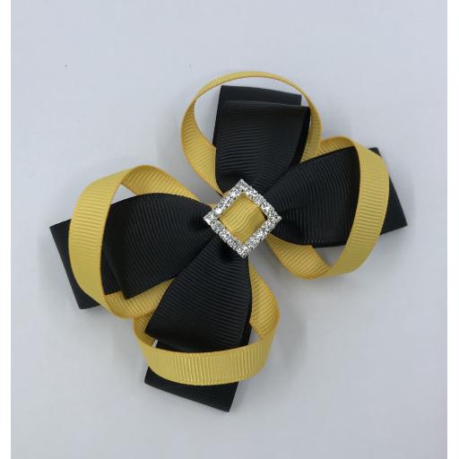 Black Double Layer Bow with Yellow Gold Loops on Clip