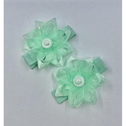 Baby Mint Green Chiffon Flower Baby Bow with Pearl Centre Hair Clips (pair)