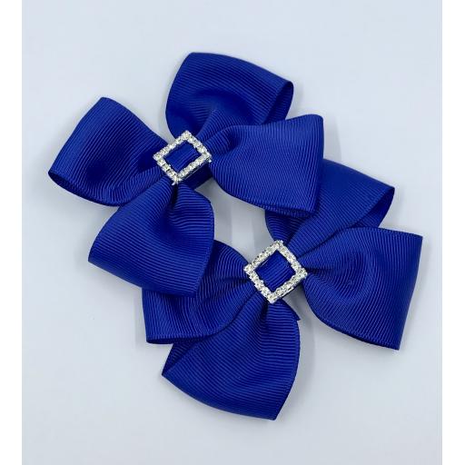 Cobalt Blue Classic Double Bows with Square Diamond Buckle on Clips (pair)
