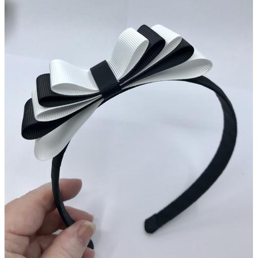 Black 1.5cm Hairband with 5 Layer Black and White Straight Classic Bow