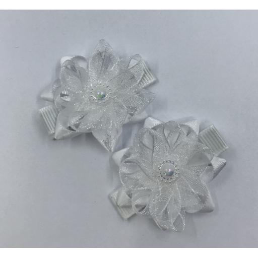 Baby White Chiffon Flower Baby Bow with Pearl Centre Hair Clips (pair)
