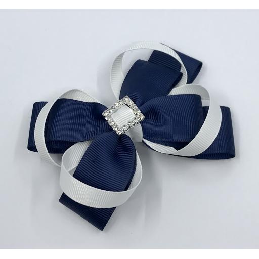 Navy Double Layer Bow with White Loops on Clip