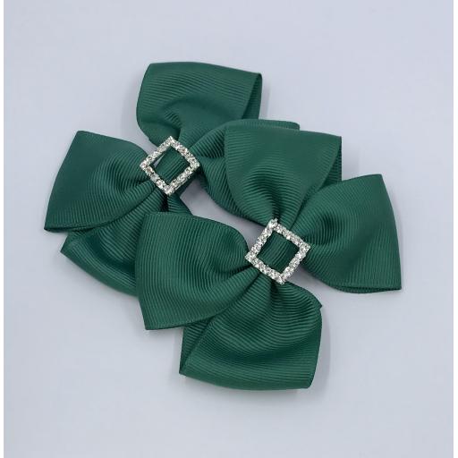 Hunter Green Classic Double Bows with Square Diamond Buckle on Clips (pair)