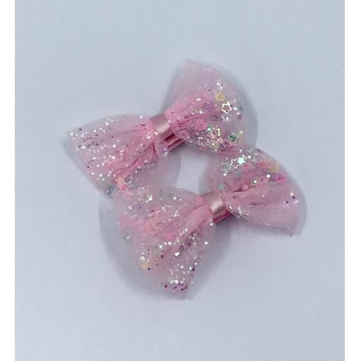 Pink Mesh Glitter Baby Bow Hair Clips (pair)