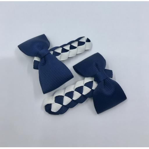 Navy and White Pleated Clips with Bow on Clips (pair)