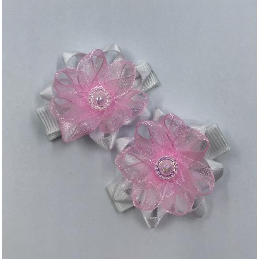 Baby White and Pink Chiffon Flower Baby Bow with Pearl Centre Hair Clips (pair)