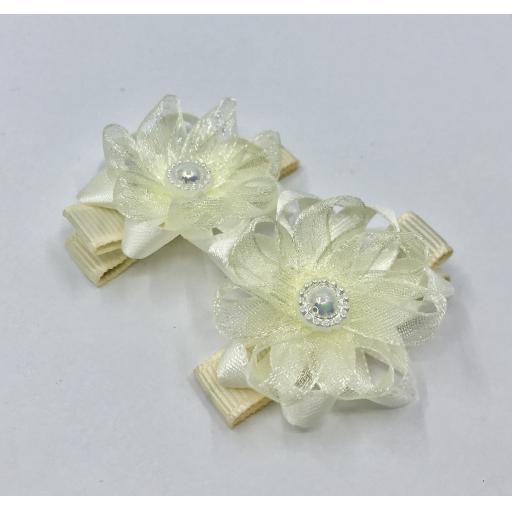 Baby Ivory Chiffon Flower Baby Bow with Pearl Centre Hair Clips (pair)