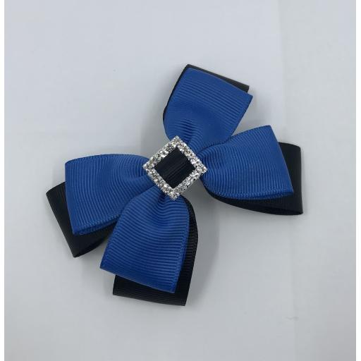 Black and Batik Blue Double Bow with Diamante clip