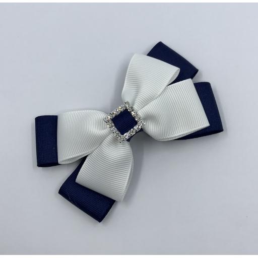 Navy and White Double Layer Bow on Clip