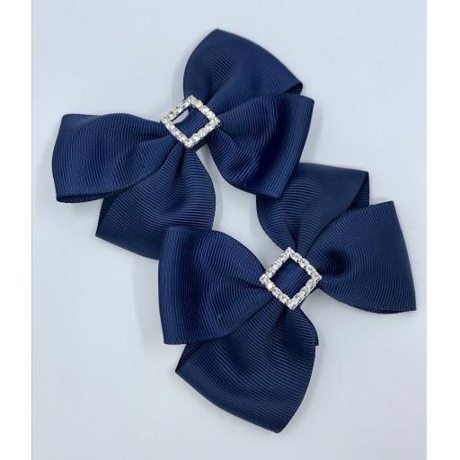 Navy Blue Classic Double Bows with Square Diamond Buckle on Clips (pair)