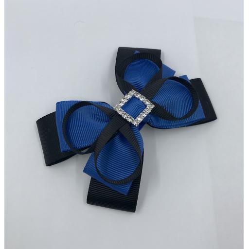Black and Batik Blue Double Layer Bow with Loops on Clip
