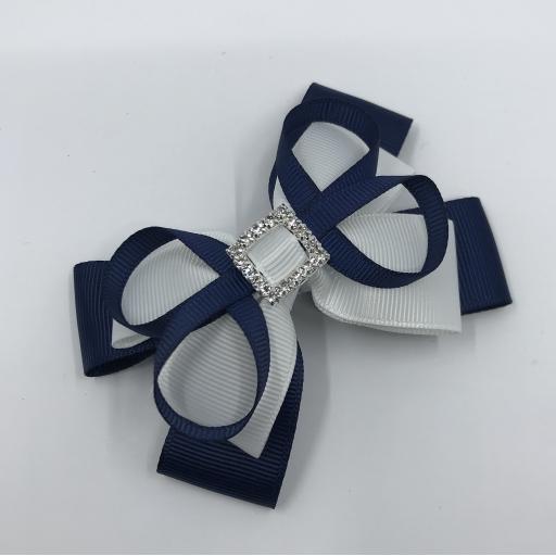 Navy and White Double Layer Bow with Loops on Clip