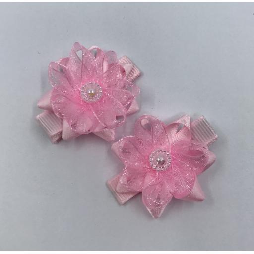 Baby Pink Chiffon Flower Baby Bow with Pearl Centre Hair Clips (pair)