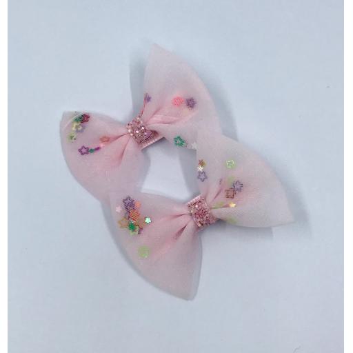 Baby Pink Chiffon with Glitter Baby Bow Hair Clips (pair)