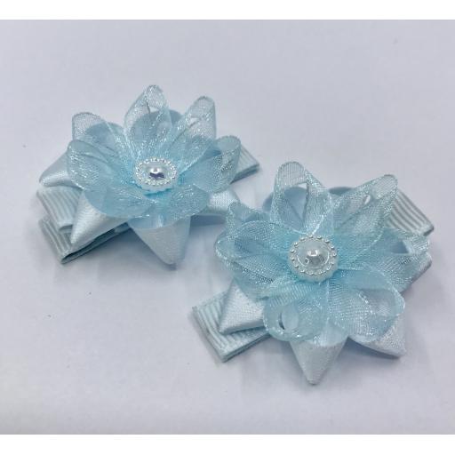 Baby Blue Chiffon Flower Baby Bow with Pearl Centre Hair Clips (pair)