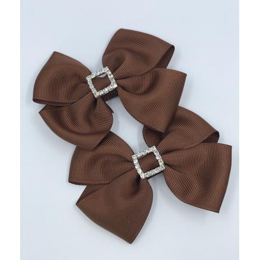 Brown Classic Double Bows with Square Diamond Buckle on Clips (pair)