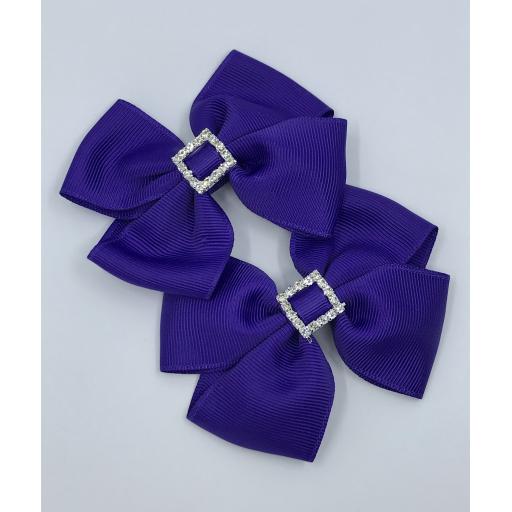 Regal Purple Classic Double Bows with Square Diamond Buckle on Clips (pair)