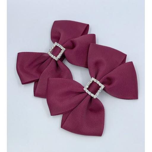 Wine/Burgundy Classic Double Bows with Square Diamond Buckle on Clips (pair)