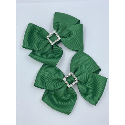 Forest Green Classic Double Bows with Square Diamond Buckle on Clips (pair)
