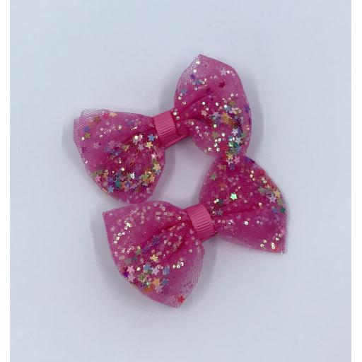 Hot Pink Mesh Glitter Baby Bow Hair Clips (pair)