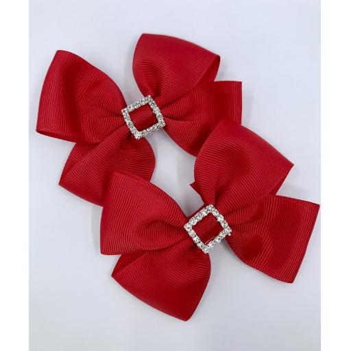 Red Classic Double Bows with Square Diamond Buckle on Clips (pair)