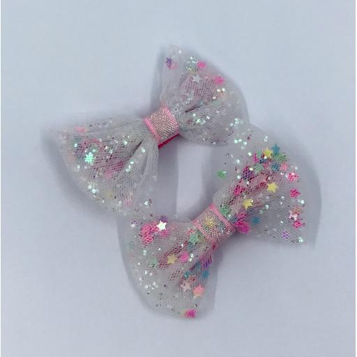 White and Pink Mesh Glitter Baby Bow Hair Clips (pair)