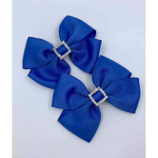 Royal Blue Classic Double Bows with Square Diamond Buckle on Clips (pair)
