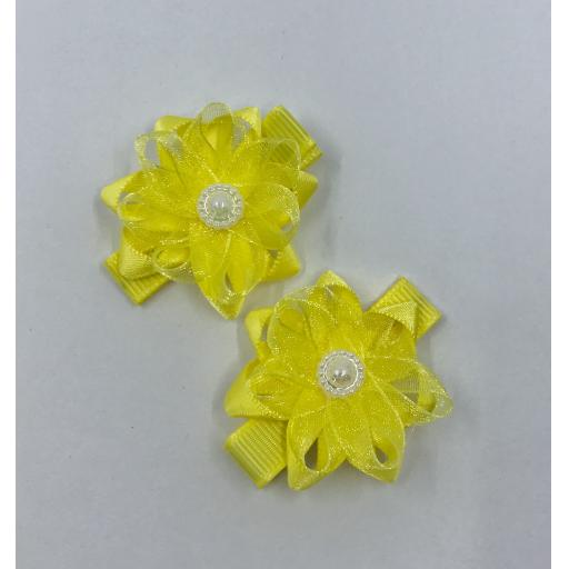 Baby Lemon/Yellow Chiffon Flower Baby Bow with Pearl Centre Hair Clips (pair)