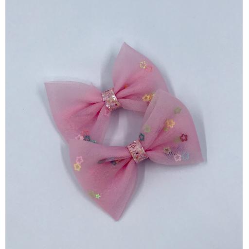 Pink Chiffon with Glitter Baby Bow Hair Clips (pair)