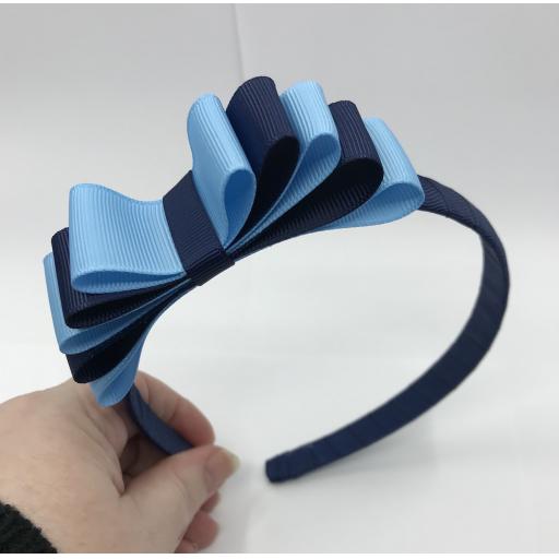 Navy 1.5cm Hairband with 5 Layer Navy and Light Blue Straight Classic Bow