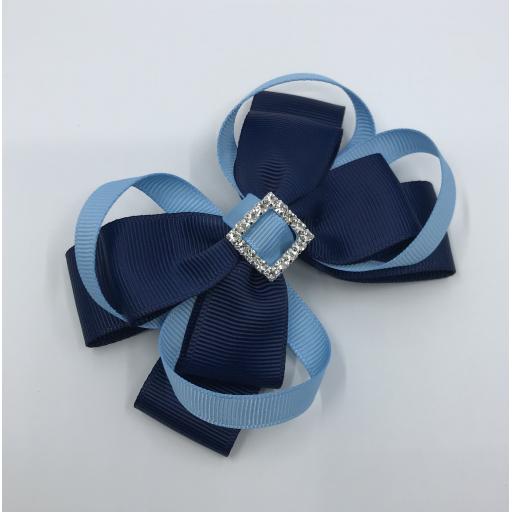 Navy Double Layer Bow with Light Blue Loops on Clip