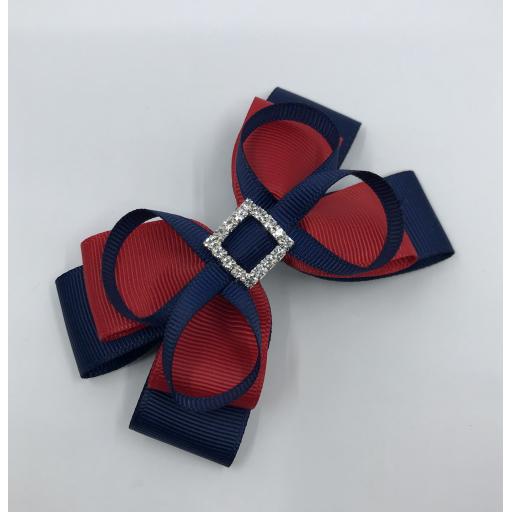 Navy and Red Double Layer Bow with Loops on Clip