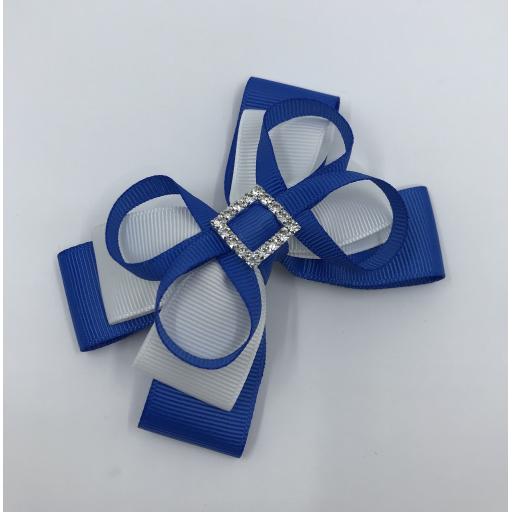 Royal Blue and White Double Layer Bow with Loops on Clip