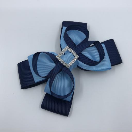 Navy Blue and Light Blue Double Layer Bow with Loops on Clip