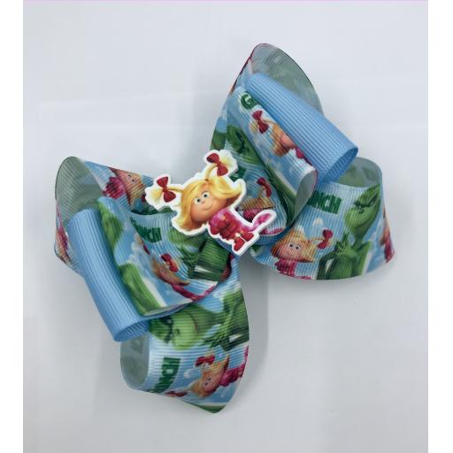 The Grinch With Cindy Lou Blue Grosgrain Two Tone Bow Layered bow