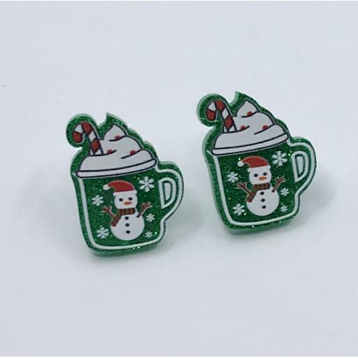 Small Green Glitter "Christmas Mugs" Laser Cut Christmas Stud Earrings