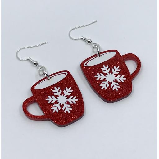 Red Glitter "Snowflake Mugs" Laser Cut Christmas Earrings