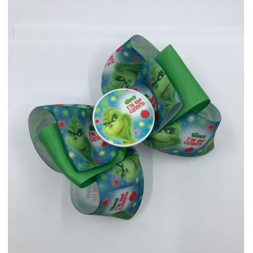 I'm The The Grinch On Teal Blue Grosgrain Two Tone Bow Layered bow