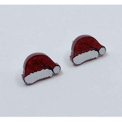 Small Red Glitter "Santa Hat" Laser Cut Christmas Stud Earrings