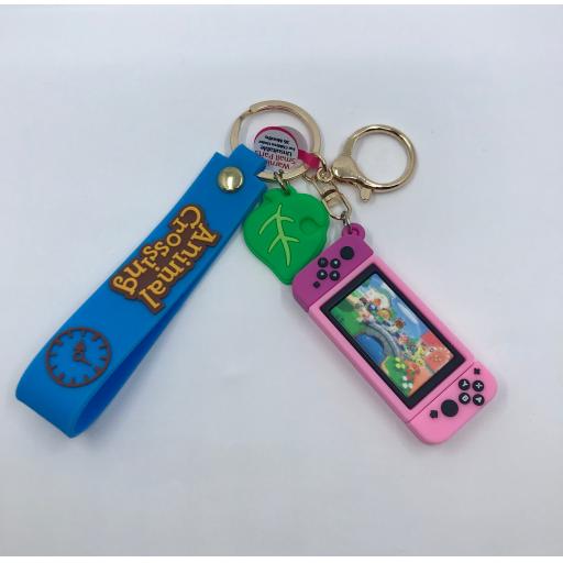 On The Bridge Animal Crossing Pink Handheld Console Keychain with Blue Wrist Strap