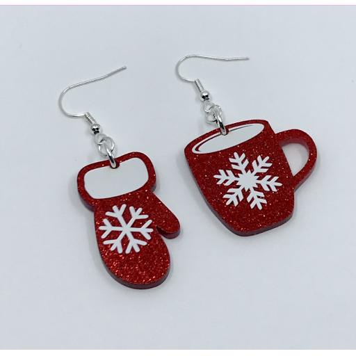 Red Glitter "Mitten and Mug" Laser Cut Christmas Earrings