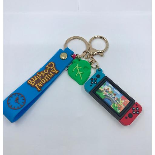 On The Bridge Animal Crossing Handheld Console Keychain with Blue Wrist Strap
