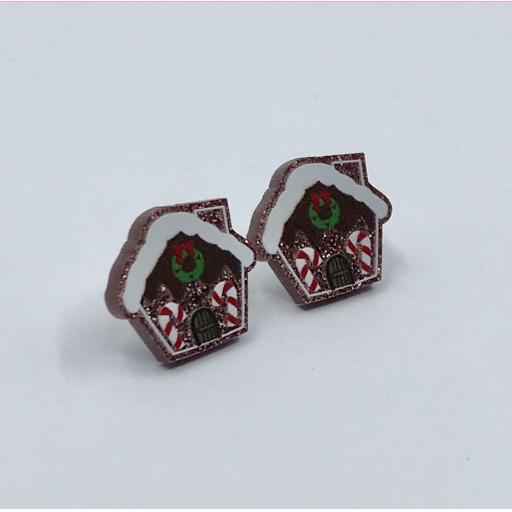 Small Brown Glitter "Gingerbread House" Laser Cut Christmas Stud Earrings